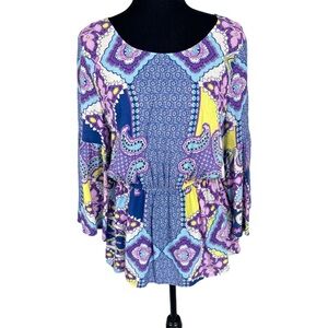 GLAM Purple paisley print 3/4 bell sleeve elastic waist blouse top size M